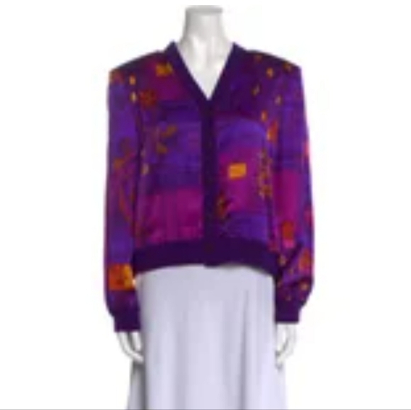 St. John Collection Satin and Knit Cardigan Top in Purple Abstract - Picture 2 of 14